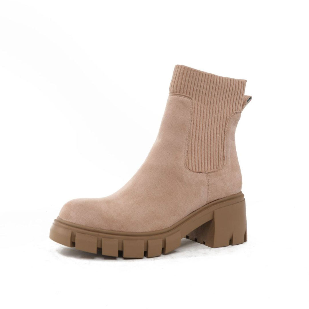 Round Toe Lug Sole Suede Knit Sock Ankle Boots - Apricot