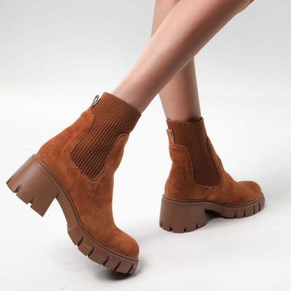 Round Toe Lug Sole Suede Knit Sock Ankle Boots - Brown