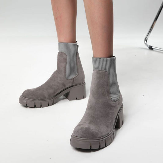 Round Toe Lug Sole Suede Knit Sock Ankle Boots - Gray