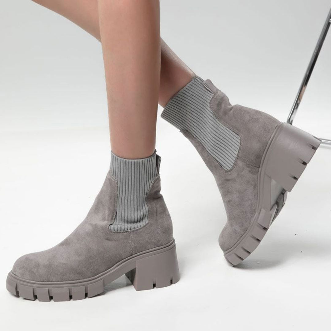 Round Toe Lug Sole Suede Knit Sock Ankle Boots - Gray