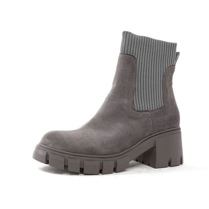 Round Toe Lug Sole Suede Knit Sock Ankle Boots - Gray