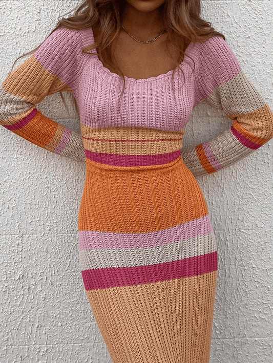 Color Block Stripe Knitted Maxi Dress