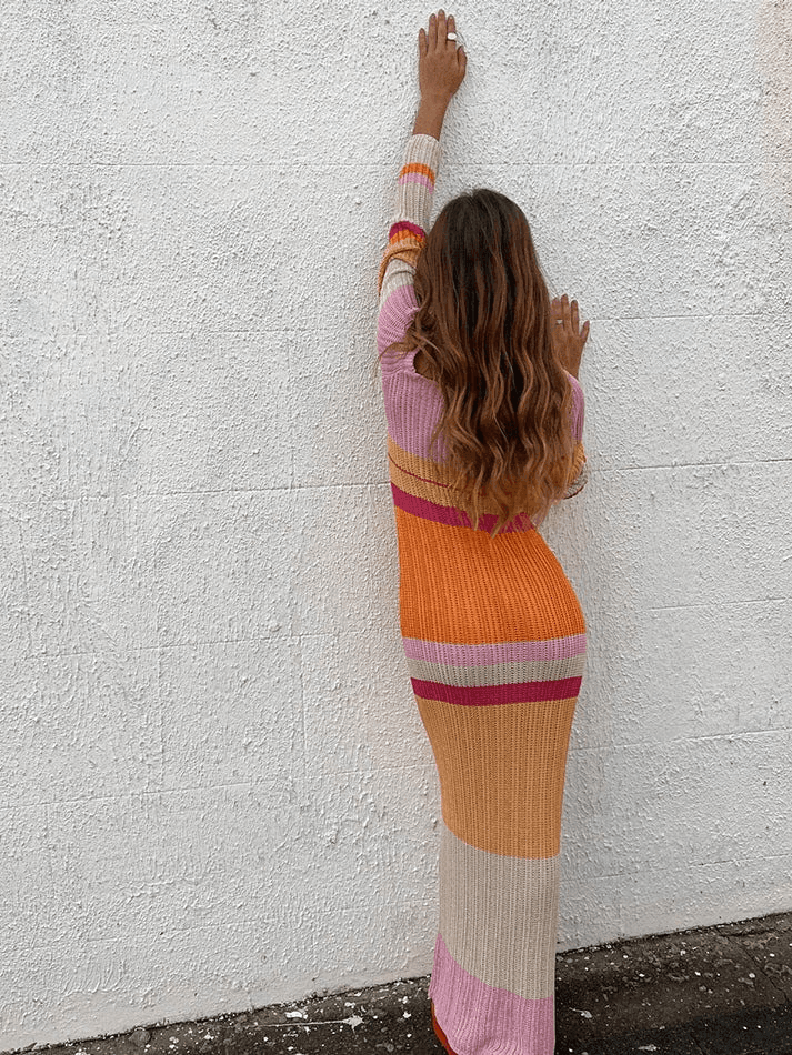 Color Block Stripe Knitted Maxi Dress