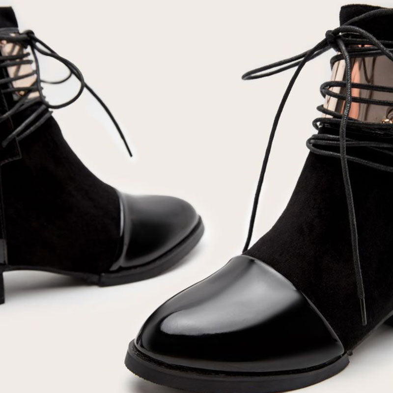 Panel Metal Trim Lace Up Ankle Boots - Black