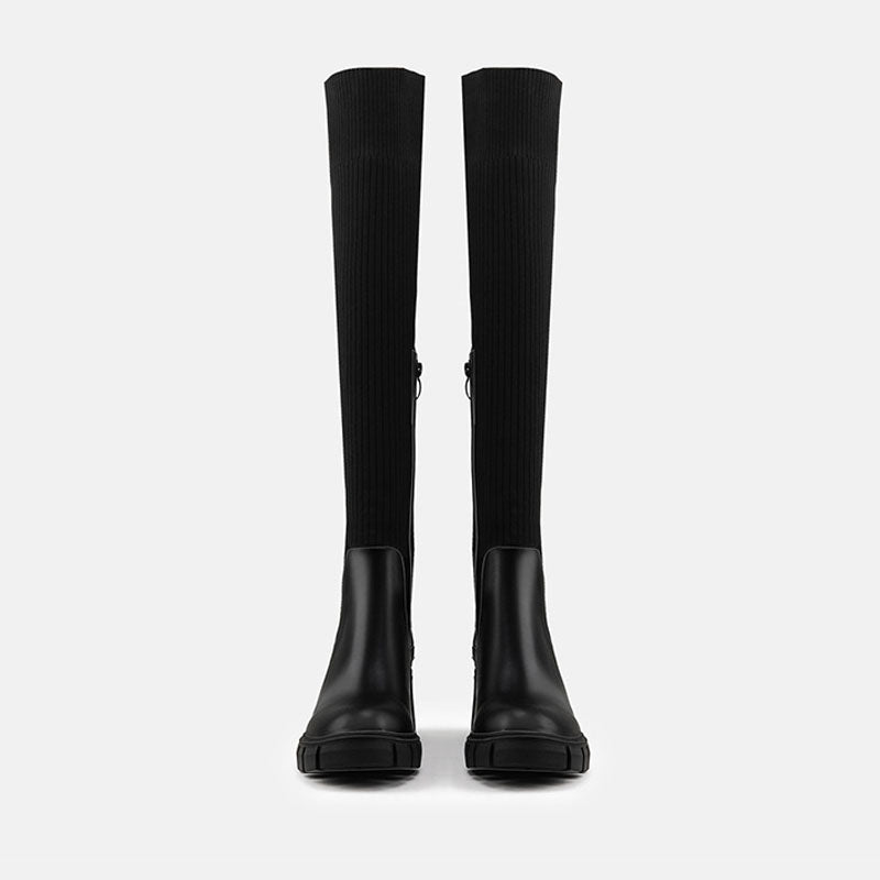 Panel Trim Lug Sole Chunky Heel Knit Knee High Sock Boots - Black