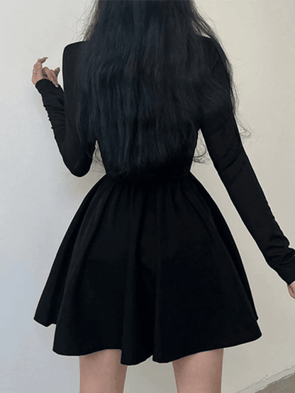 Corset Detail Black Long Sleeve Mini Dress