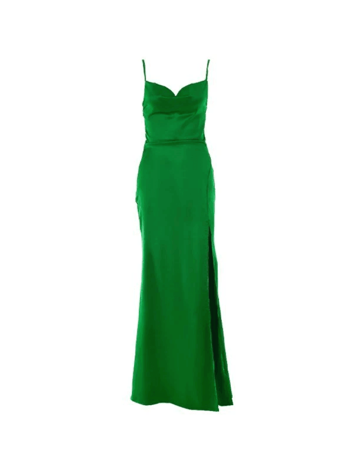 Cowl Neck Split Satin Maxi Dress