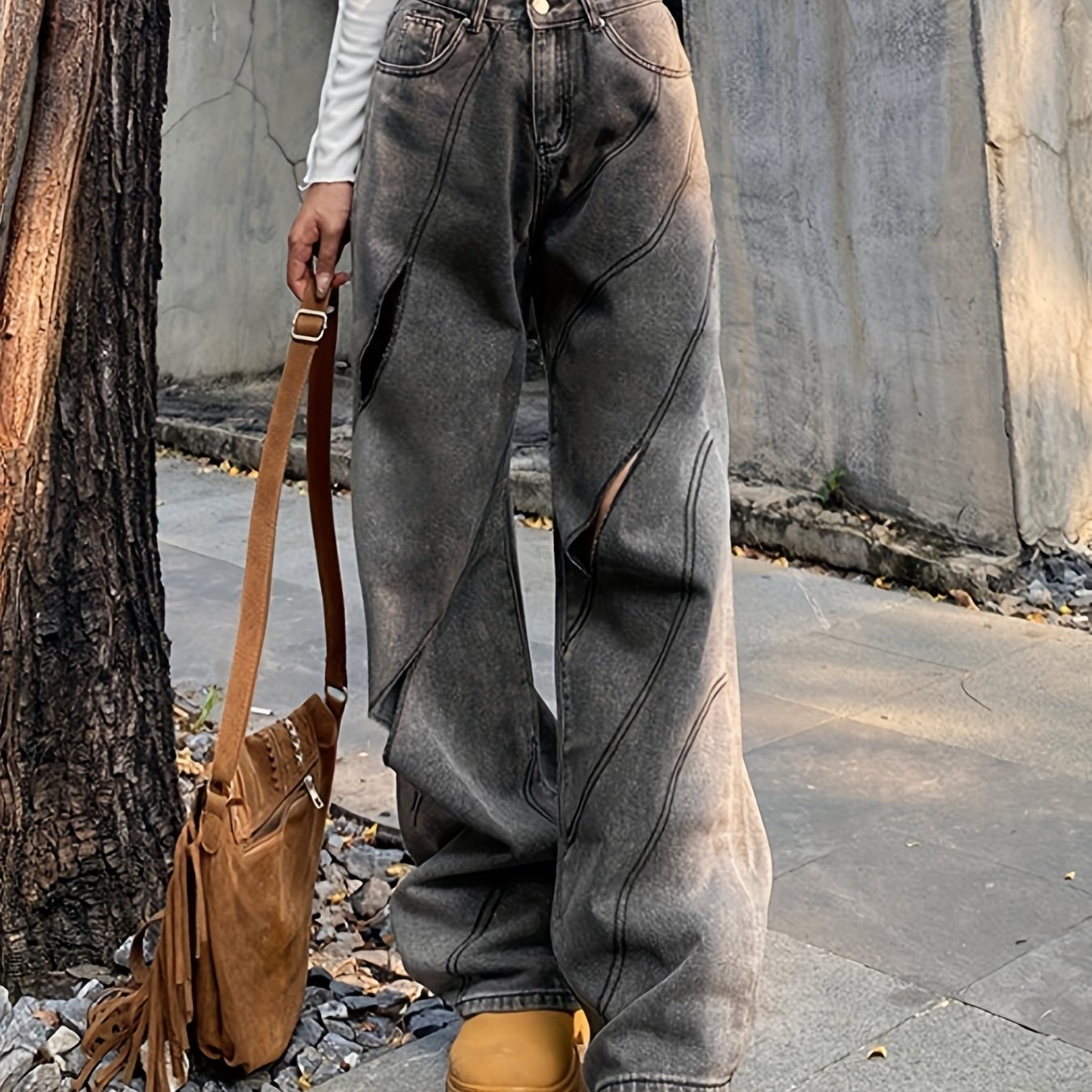 「binfenxie」Cut Out Stitching Detail Wide Leg Jeans, Dark Grey Washed Zipper Button Closure Street Style Denim Pants, Women's Denim Jeans & Clothing