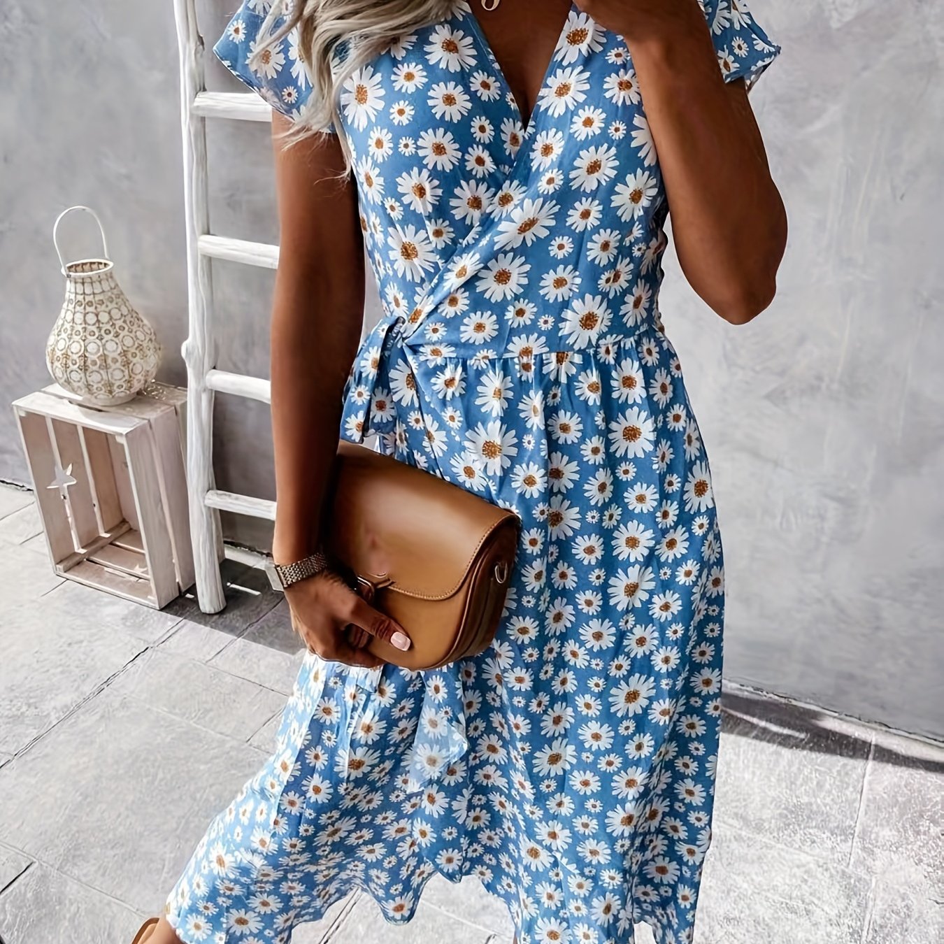 「binfenxie」Floral Print Wrap Belted Dress, Elegant V Neck Short Sleeve Dress, Women's Clothing