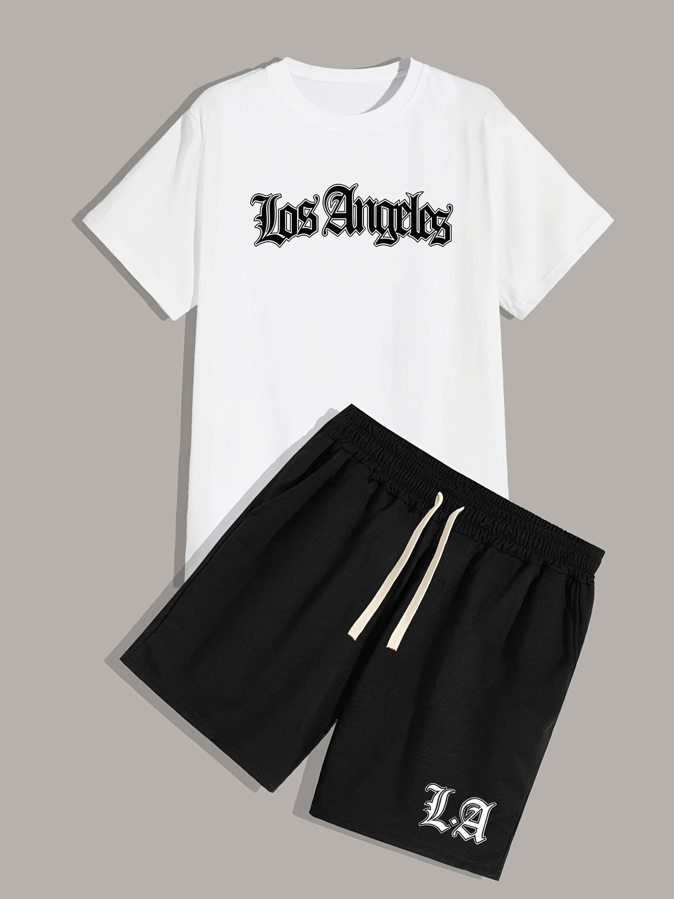 「binfenxie」Los Angeles, Men's 2 Pieces Outfits, Round Neck Short Sleeve T-Shirt And Drawstring Shorts Set