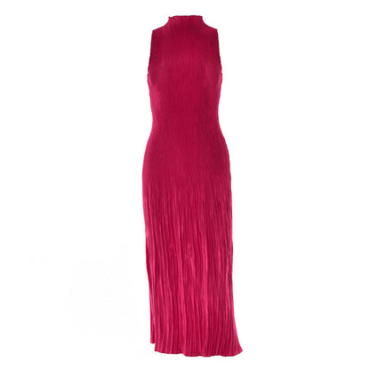 Pleated High Neck Sleeveless Party Midi Dress - Burgundy