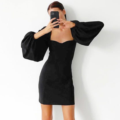 Bishop Sleeve Sweetheart Neck Bodycon Party Mini Dress - Black