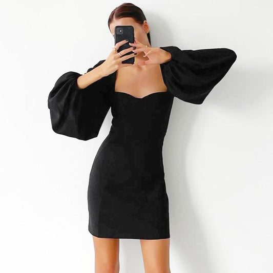 Bishop Sleeve Sweetheart Neck Bodycon Party Mini Dress - Black