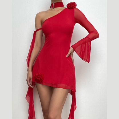 Long Flared Sleeve One Shoulder Ruffle Flower Applique Mesh Mini Dress