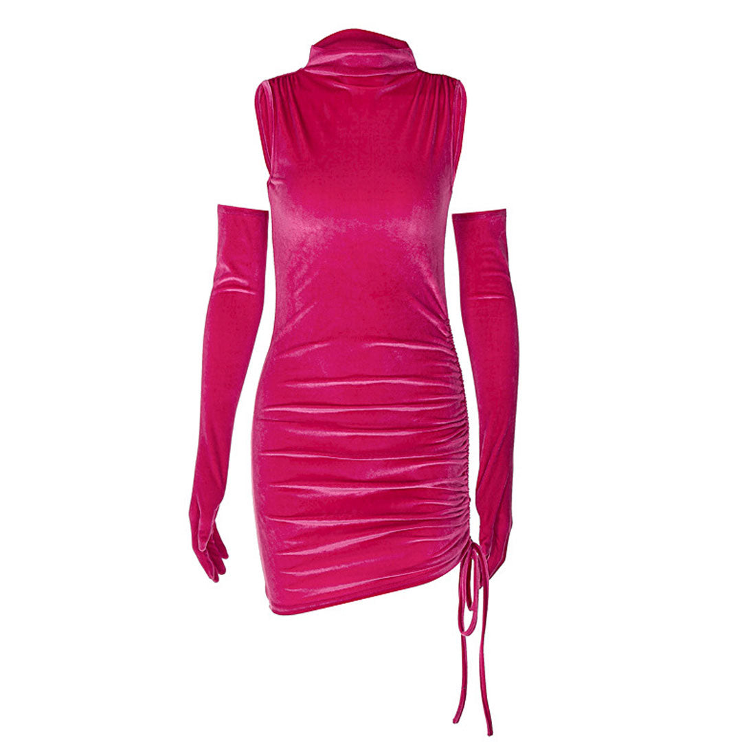 High Neck Ruched Bodycon Party Mini Dress - Hot Pink