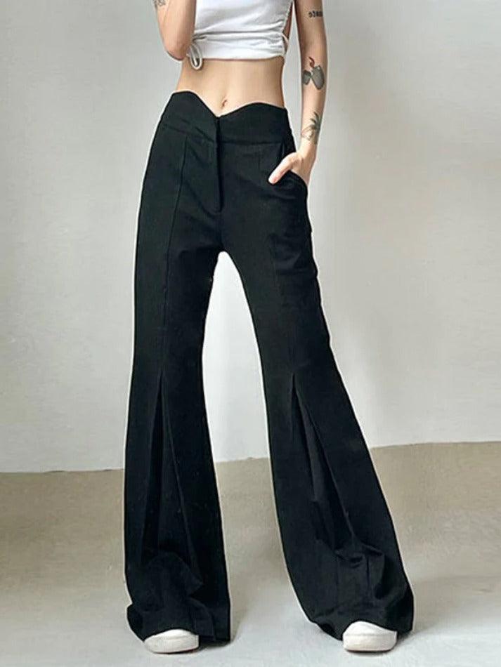 Notched Waist Pleated High Rise Flare Leg Pants