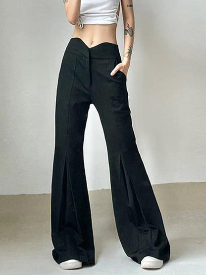 Notched Waist Pleated High Rise Flare Leg Pants