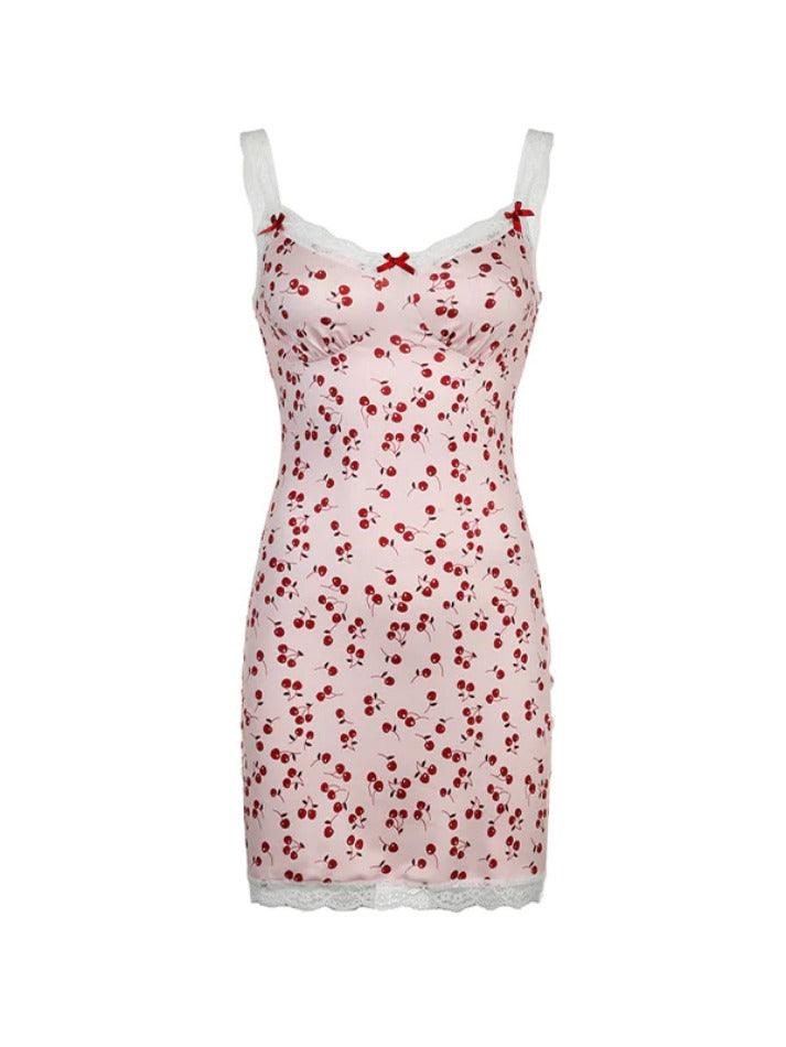 Cherry Print Lace Splice V Neck Mini Dress