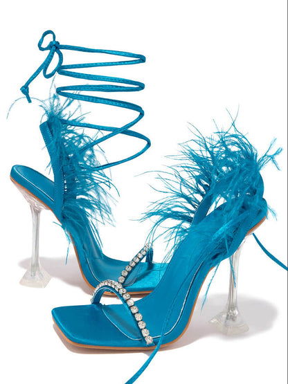 Rhinestone Feather Lace-up Square Toe Sandals