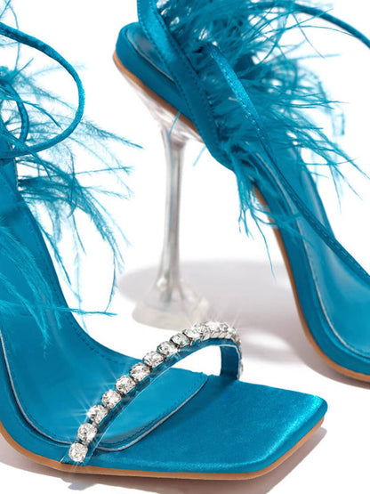 Rhinestone Feather Lace-up Square Toe Sandals