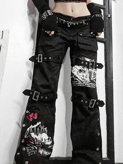 Goth metal buckle pocket cargo pants