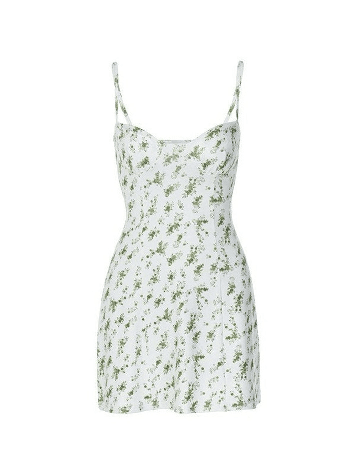 Green Floral Print Y2K Mini Dress