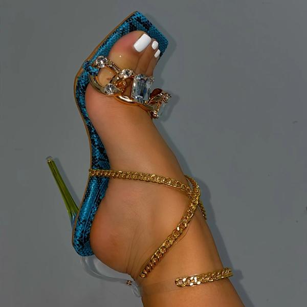 Women Julyshoess Noble Gold Chain Large Crystal High Heel Sandals