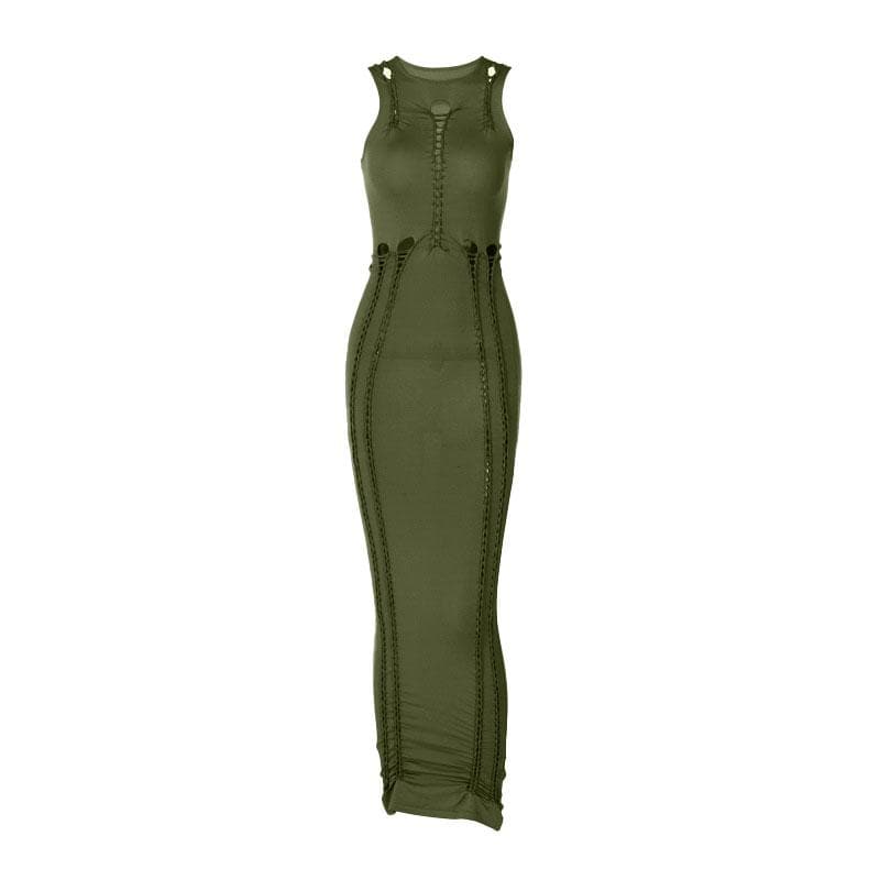 Crewneck Sleeveless Hollow Out Solid Ruched Cut Out Maxi Dress