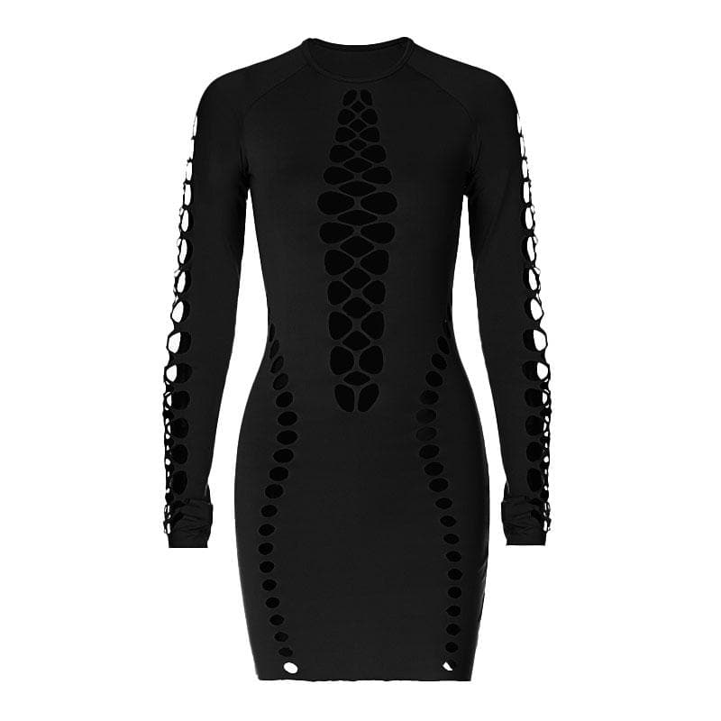 Hollow Out Long Sleeve Solid Crewneck Cut Out Mini Dress