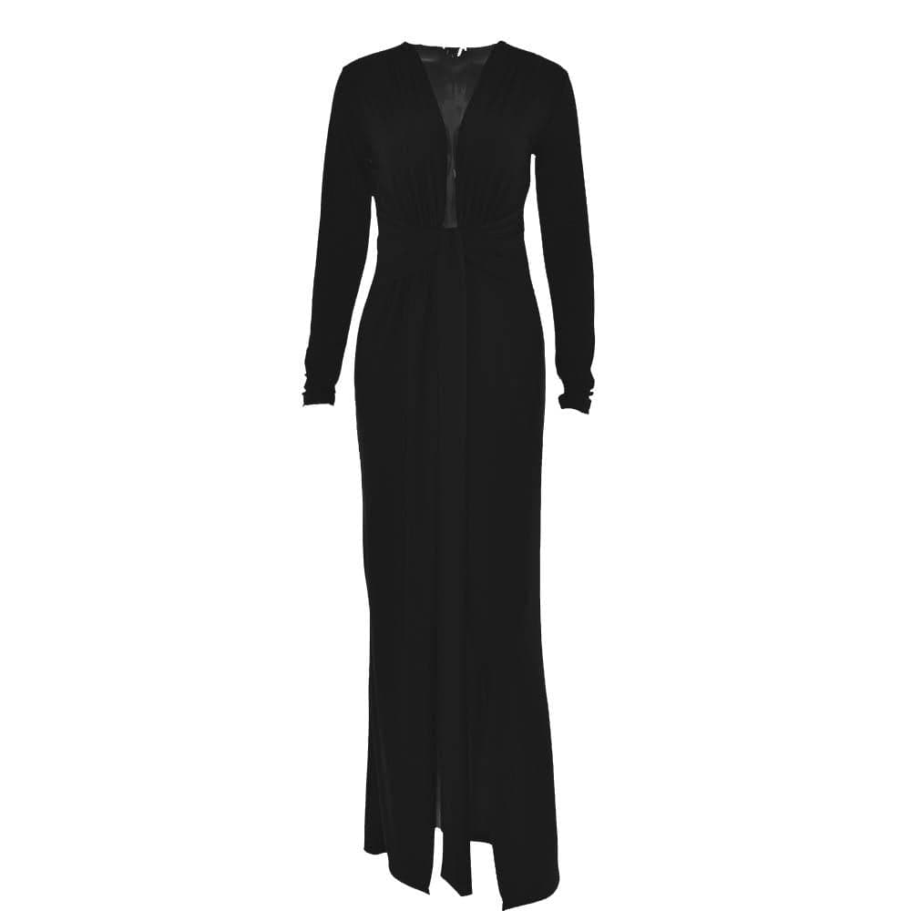 Long Sleeve V Neck Ruched Slit Solid Irregular Maxi Dress