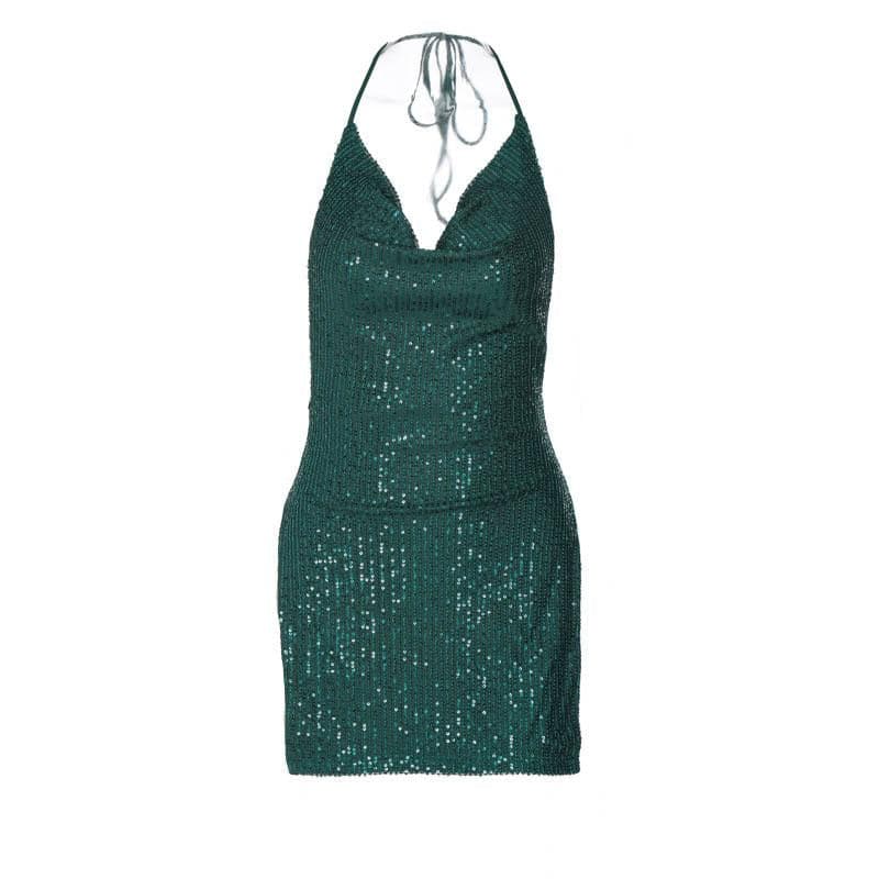 Glitter Cowl Neck Halter Slit Backless Mini Dress