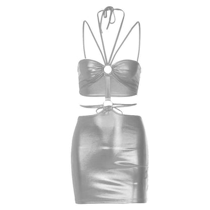 Metallic O Ring Halter Self Tie Backless Hollow Out Cut Out Mini Dress