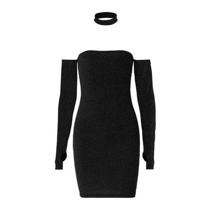 Textured Gloves Off Shoulder Long Sleeve Backless Mini Dress