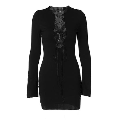 Lace Up Solid Long Sleeve Ribbed Self Tie Mini Dress