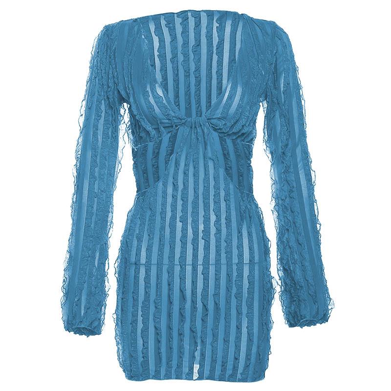 Long Sleeve Textured V Neck Hollow Out Ruffle Cut Out Mini Dress