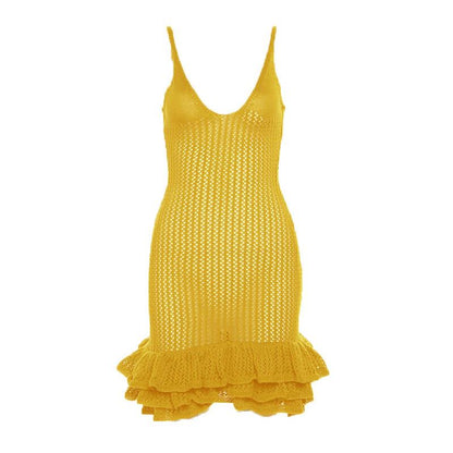 Crochet V Neck Sleeveless Hollow Out Ruffle Cut Out Mini Dress