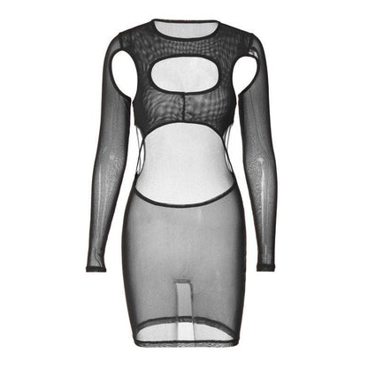 Long Sleeve Hollow Out Sheer Mesh See Through Cut Out Mini Dress