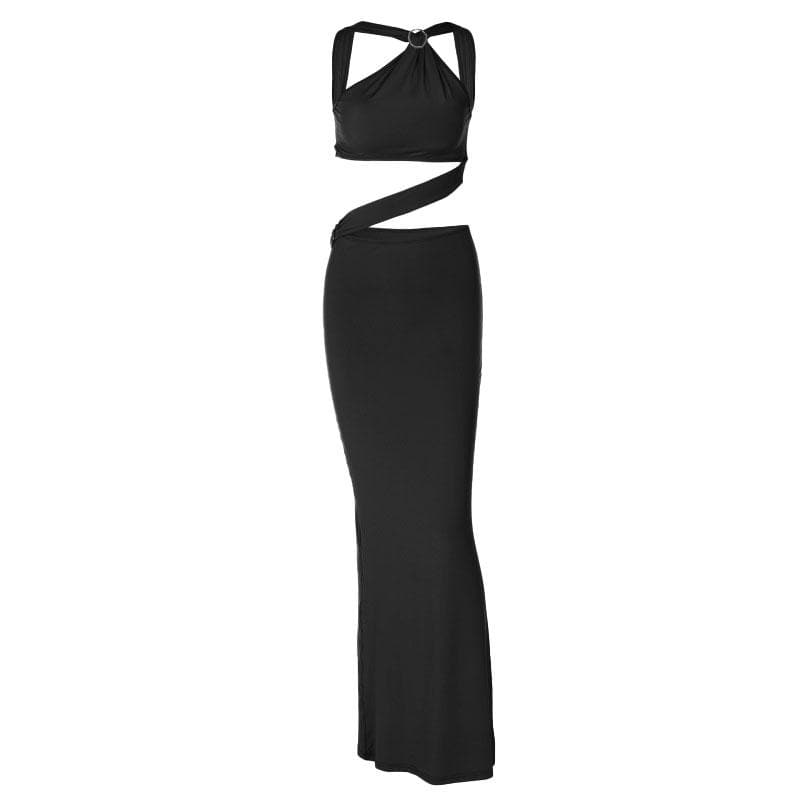 Backless Hollow Out O Ring Pearl Chain Solid Cut Out Maxi Dress