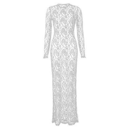 Lace See Through Long Sleeve Solid Crewneck Maxi Dress