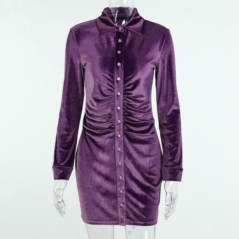 Button-Through Turnover Collar Ruched Dress