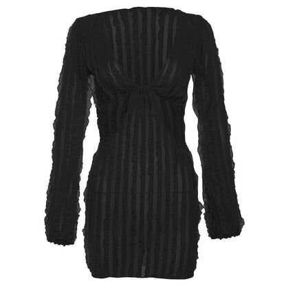 Long Sleeve Textured V Neck Hollow Out Ruffle Cut Out Mini Dress