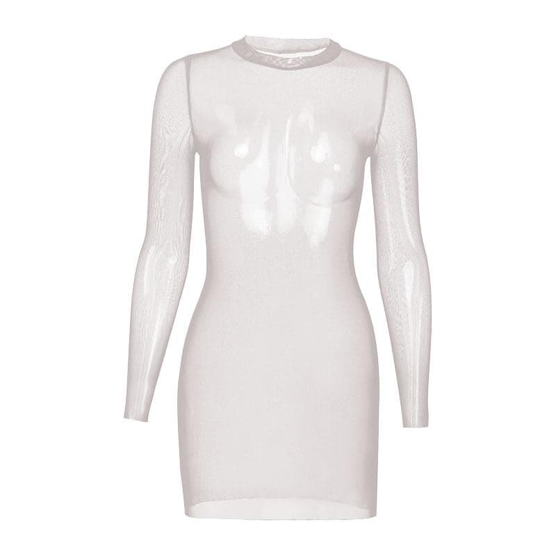 Sheer Mesh See Through Solid Long Sleeve Mini Bodycon Dress