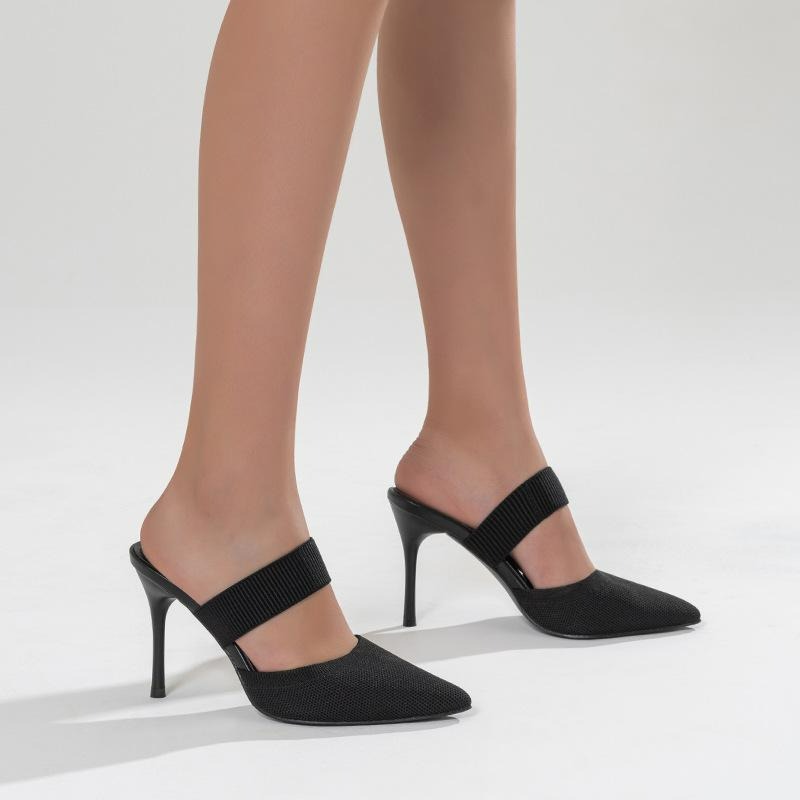 Futurecen- Women Minimalist Mule Pumps Knit Pointed Toe Stiletto Heels