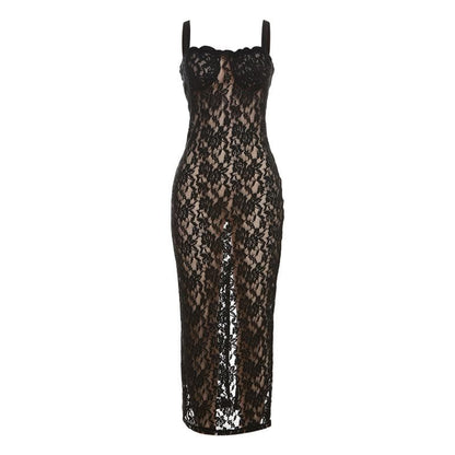 Lace Solid Zip-Up See Through Sleeveless Backless Maxi Dress