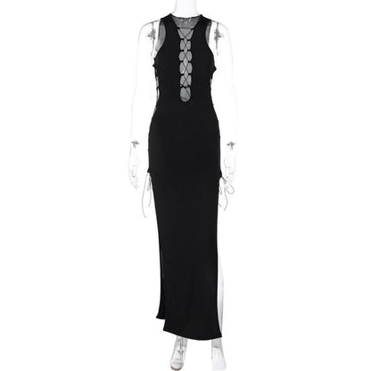 Hollow Out Sleeveless Lace Up Slit Solid Cut Out Maxi Dress