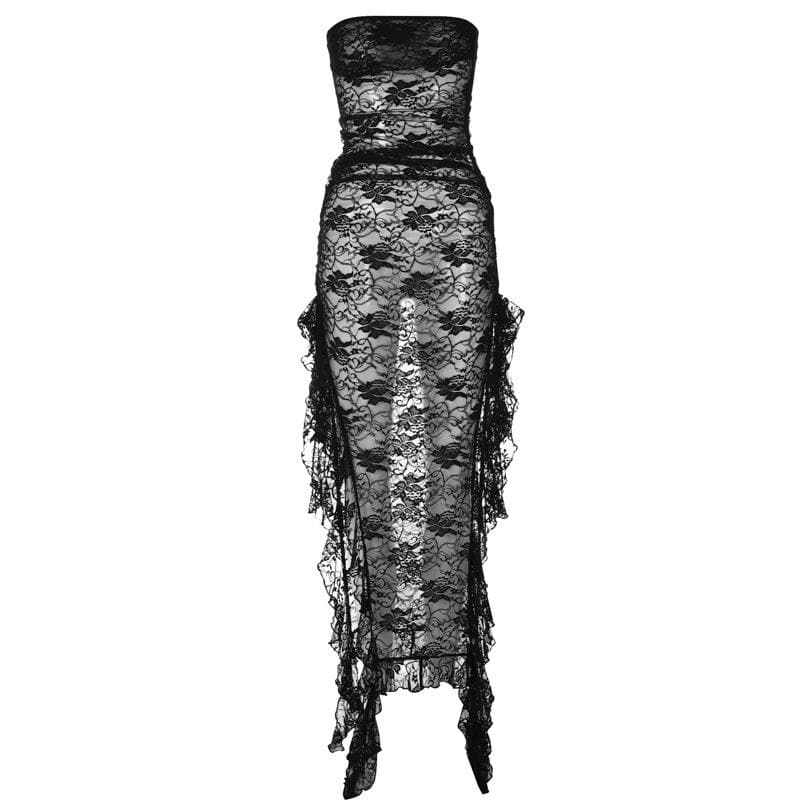 Slit Ruffle Lace See Through Solid Tube Maxi Dress