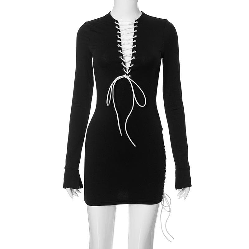 Lace Up Contrast Long Sleeve Irregular Crewneck Mini Dress