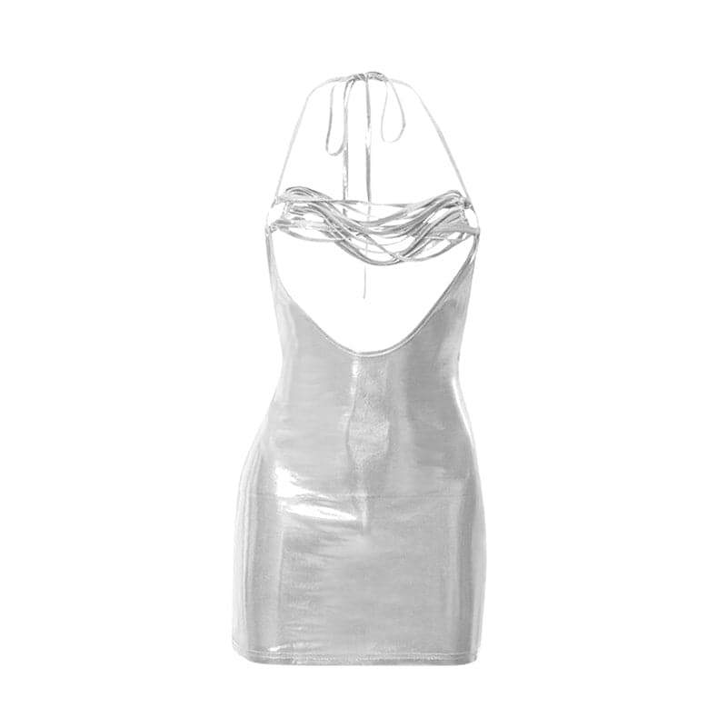 Halter Hollow Out O Ring See Through Backless Metallic Solid Cut Out Mini Dress