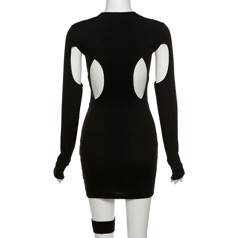 Hollow Out Irregular Long Sleeve Crewneck Cut Out Mini Dress