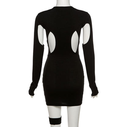 Hollow Out Irregular Long Sleeve Crewneck Cut Out Mini Dress